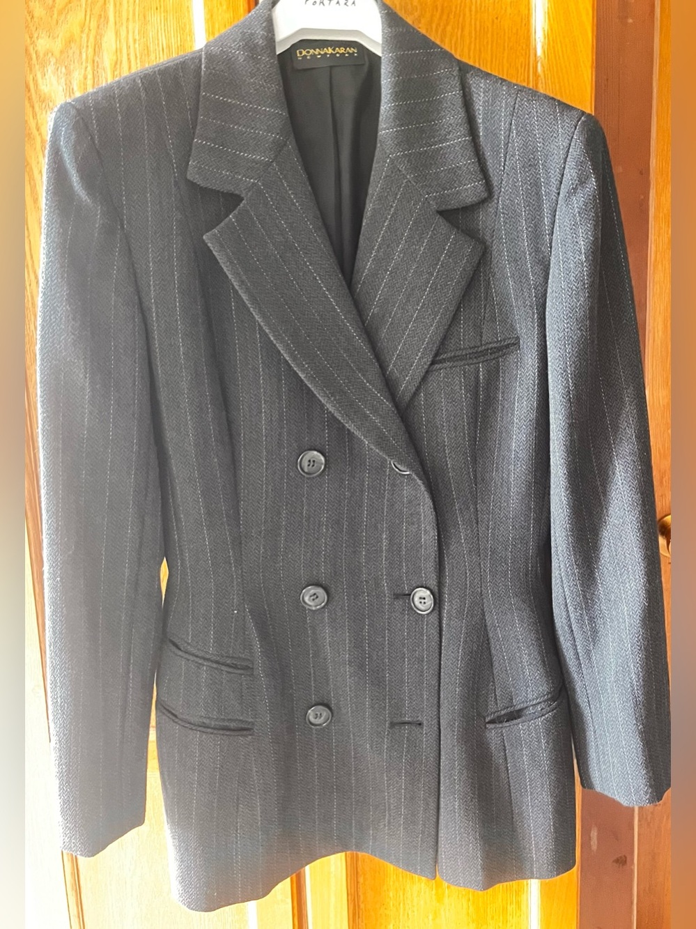 Women’s Donna Karan Collection Double-Breasted Pinstripe Blazer - Gray - Picture 7 of 9